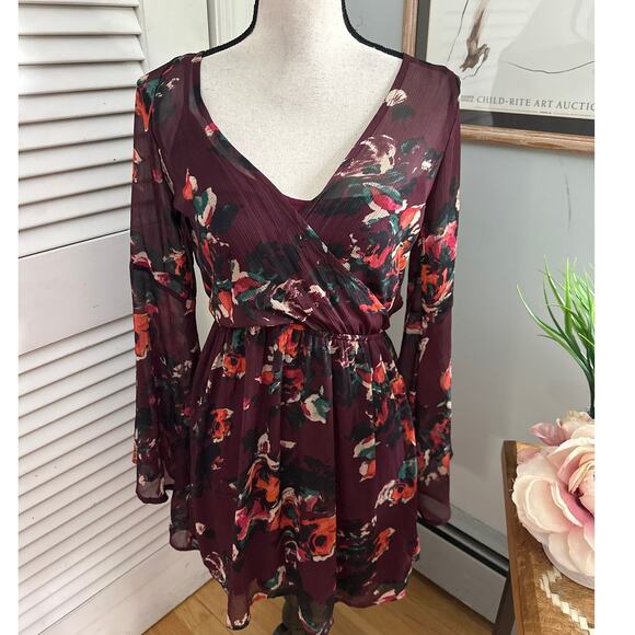 ABERCROMBIE FITCH Womens Dress SMALL Burgundy Floral Long Sleeve Mini Grunge - Picture 2 of 12